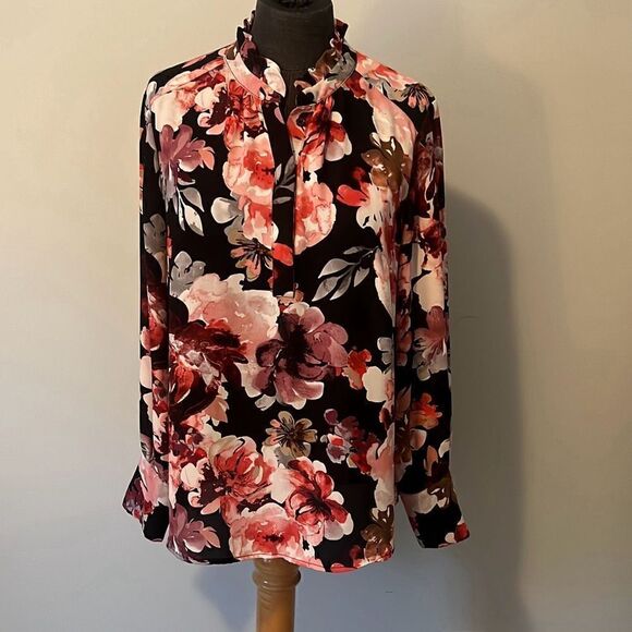 Women's Multicolor Floral Button Front Collared Long Sleeve Blouse - Picture 1 of 9